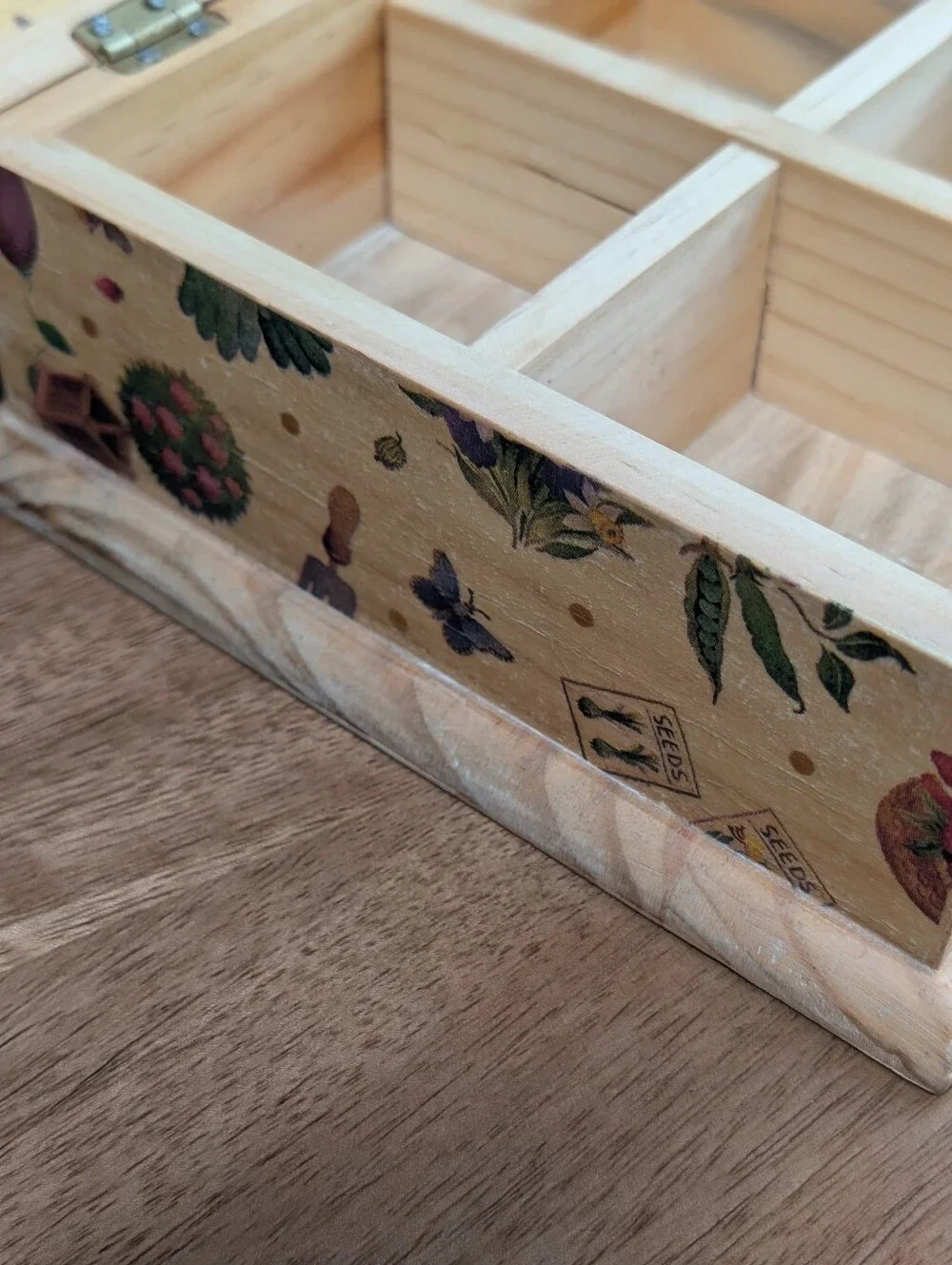 Pily Acuna Design Decoupage Wooden Trinket Box/ Jewelry Box Garden Bees Ladybug